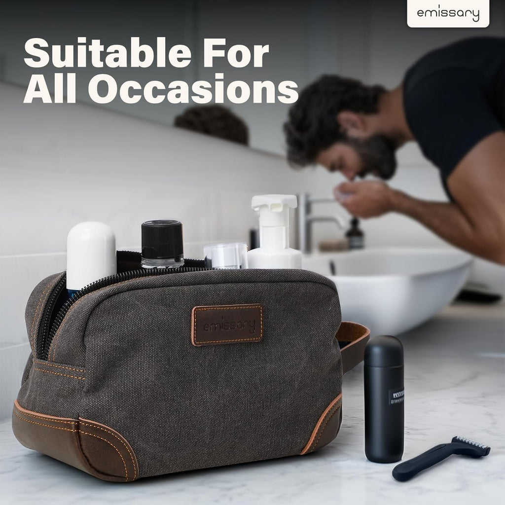 Travel Toiletry Bag for Men, Leather and Canvas Toiletry Bags, Dopp Kit for Men, Travel Bathroom Bag Men'S Shaving Kit, Travel Kit Small Bag for Men, Shaving Bag for Travel Accessories (Gray)